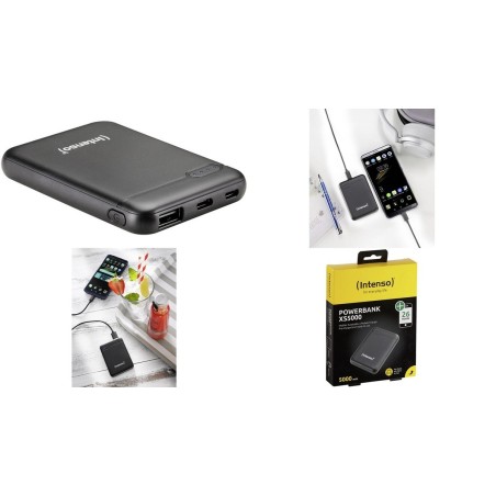 Intenso Powerbank XS5000 - 5000mAh Powerbank med 1xUSB-A & 1xUSB-C - Sort | Perfekt til Rejser & Daglig Brug!